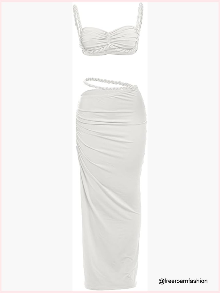 Two Piece Skirt Set: Ruched Backless Cami & Cut Out Skirt Night Out